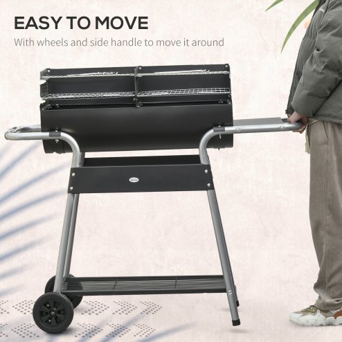 Outsunny Charcoal Barbecue Grill BBQ Trolley with Double Grill, Adjustable Grill Height, Side Table, Storage Shelf, and Wheels for Outdoor Cooking, 130 x 51 x 111cm, Black