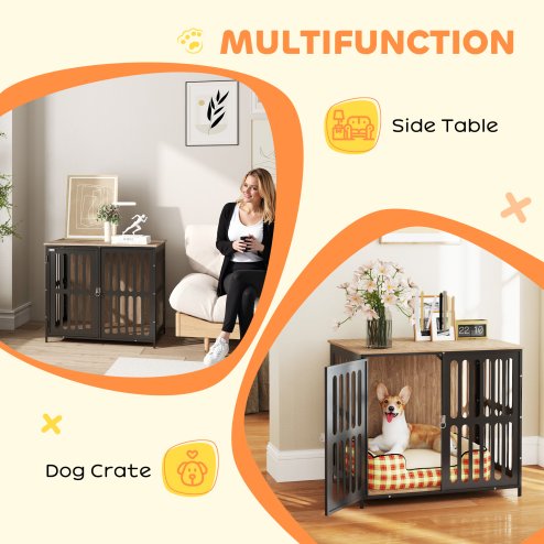 PawHut Dog Crate Furniture, Dog Cage Side End Table Indoor with Anti-Chew Resistant Mesh, Anti-Escape Door, for Medium Dogs, 80 x 55 x 72 cm, Walnut Brown