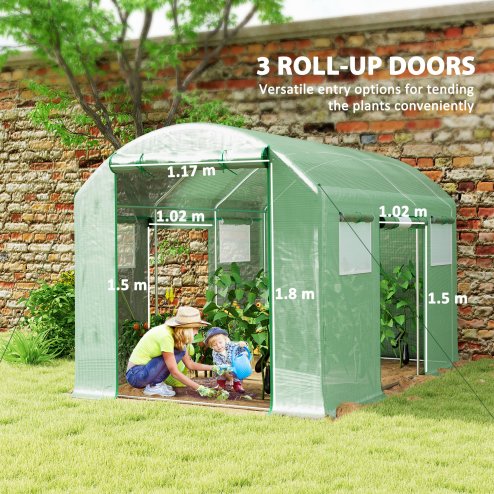 Outsunny 3 x 2 x 2m Polytunnel Greenhouse with 3 Roll-up Doors and Mesh Windows, Walk-in Garden Tunnel Warm House Tent with UV-resistant PE Cover and Galvanised Steel Frame, Green