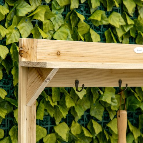 Outsunny Garden Potting Bench Table, Wooden Workstation Bench w/ Galvanized Metal Tabletop, Storage Shelves and Hooks for Patios, Courtyards, Balcony