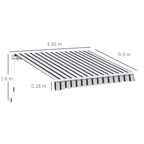Outsunny 4 x 3(m) Garden Patio Manual Awning Canopy Aluminium Sun Shade Shelter Retractable for Backyard, Blue and White
