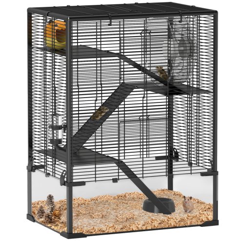 PawHut Hamster Cage with Deep Tempered Glass Bottom, 4 Tier Large Hamster Tank with Hut, Running Wheel, Platforms, Ramps, Food Dish, Water Bottle, for Syrian, Dwarf, Rats, Gerbils, 60 x 40 x 80cm