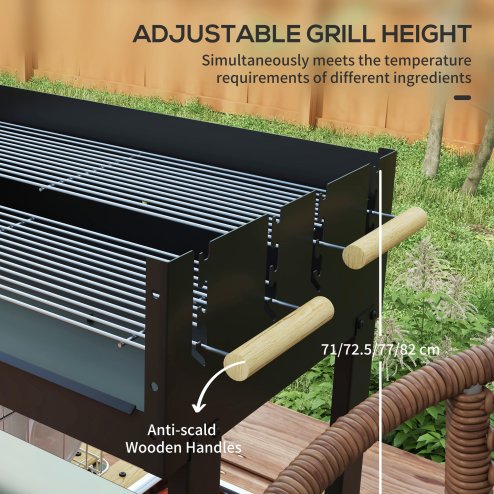 Outsunny Charcoal?BBQ?Grill, Barbecue?Trolley with Double Adjustable Grill, Side Table, Storage Shelf and Wheels for Outdoor Garden Party Cooking, Black