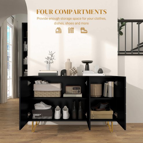 HOMCOM Storage Cabinet with High Gloss, Freestanding Sideboard with Adjustable Shelves, Soft-Close Doors and Gold Tone Hairpin Legs for Living Room, Dining Room, Hallway, Black