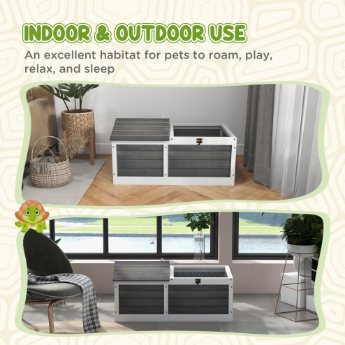 PawHut Wooden Tortoise House, Tortoise Table with Hide Shelter Run, Openable Top, Tray, Dark Grey