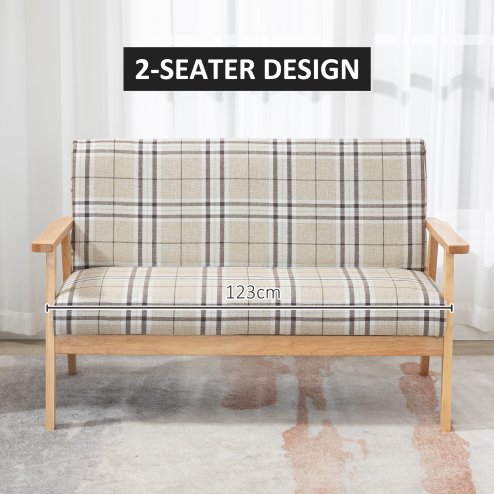 HOMCOM Modern Two Seater Sofa for Living Room, Linen Fabric Small Couch with Rubber Wood Frame, Armrests, Lattice Pattern, Upholstered Loveseat, Beige