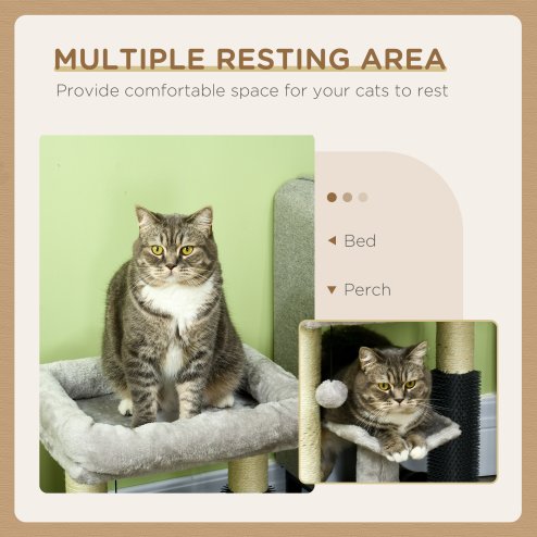 PawHut Small Cat Tree for Indoor Cats, Cat Scratching Post with Bed, Self Groomer, Toy - Grey