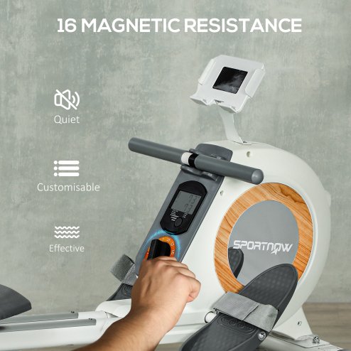 SPORTNOW Rowing Machine, 16-Level Magnetic Rower Machine with LCD Monitor and Phone Holder, Vertical Storage, for Home Gym Cardio Training, White