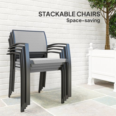 Outsunny 4 Seater Garden Dining Set, 5 Piece Garden Furniture Set with 4 Stackable Armchairs, Outdoor Table and Chairs with Easy Clean Top, Steel Frame, Texteline Seat, for Terrace, Balcony, Grey