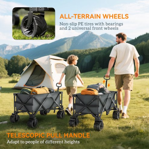 Outsunny 140L Festival Trolley on Wheels, Folding Camping Trolley Cart with Telescopic Handle, Big Wheels for Outdoor Garden Beach Fishing, Dark Grey