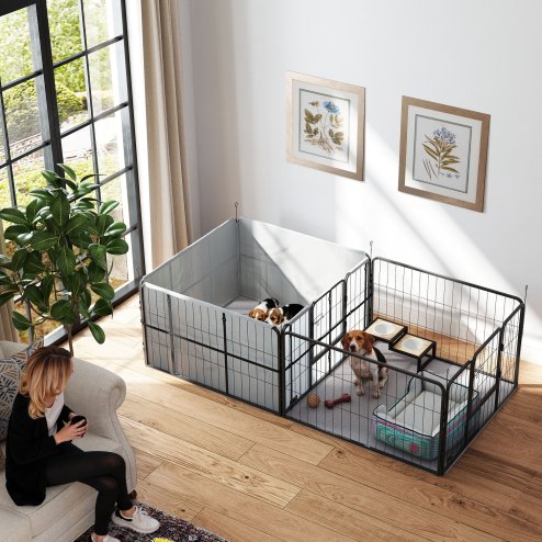 PawHut Whelping Box for Dogs, Puppies, 7 Panel Dog Playpen with Two Rooms, Washable Whelping Pads, Water-Resistant Oxford Fabric, Two Doors, for Small and Medium Dogs