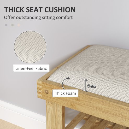 HOMCOM Bamboo Shoe Storage Bench, 3-Tier Shoe Bench with Seat Cushion, Shoe Rack for Entryway, Hallway, Living Room, Bedroom, Cream White