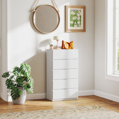 HOMCOM Chest of Drawers, 5 Drawers Storage Cabinet Floor Tower Cupboard for Bedroom Living Room, White