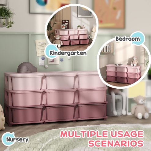 HOMCOM Kids Storage Units with 9 Drawers 3 Tier Chest Vertical Dresser Tower Toy Organiser for Nursery Playroom Kindergarten Pink