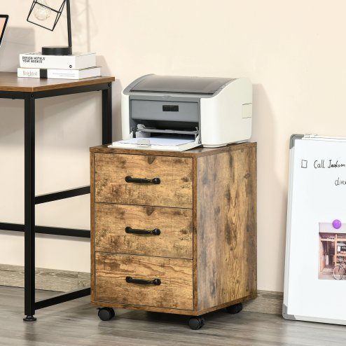 HOMCOM 3-Drawer Filing Cabinet, Mobile File Cabinet for Home Office, Small Rolling Filing Cabinet, Printer Stand, Under Desk File Cabinet for A4, Letter-Size Files, Rustic Brown