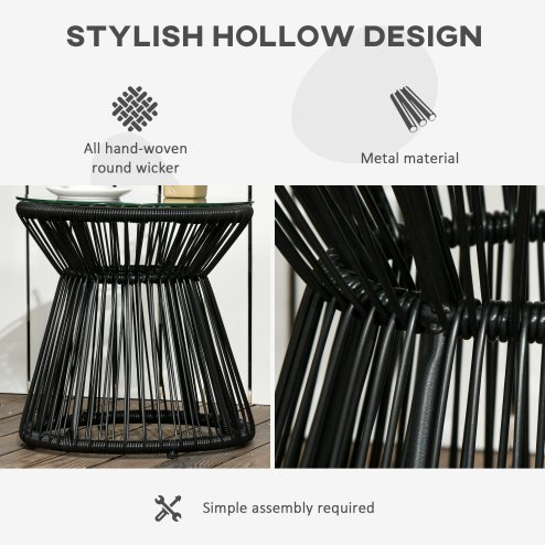 Outsunny Outdoor Coffee Table, Round PE Rattan Side Table with Tempered Glass Table Top, Hollow Drum Design for Garden, Balcony, Patio, Black