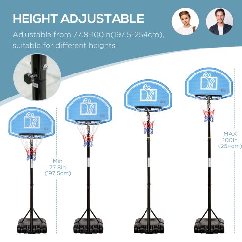 HOMCOM Basketball Hoop and Stand with PE Backboard and Weight Base Height Adjustable 1.6-2.1m Portable on Wheels, Blue