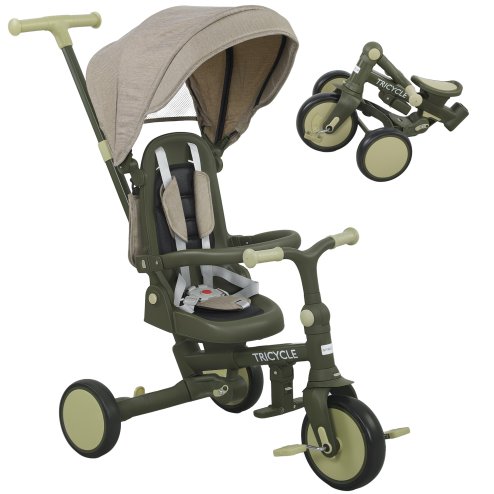AIYAPLAY Kids Trike, Foldable Toddler Tricycle 5 in 1 with Adjustable Parent Handle & Removable Canopy, 5-point Safety Harness, Footrest, Storage Bag, for Ages 1-3 Years, Dark Green