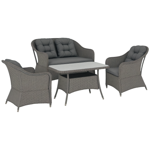 Outsunny 4 Pieces Rattan Garden Furniture Set, Round Wicker Garden Sofa Set with Loveseat, Armchairs and Glass Top Table, Outdoor Conservatory Furniture with Cushions for Patio, Balcony, Light Grey