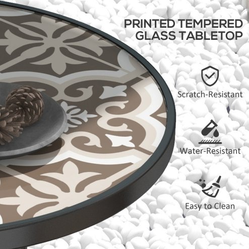Outsunny 60 cm Garden Round Coffee Table,  Outdoor Side Table with Tempered Glass Printed Table Top and Foot Pads for Porch, Balcony, Tan Brown