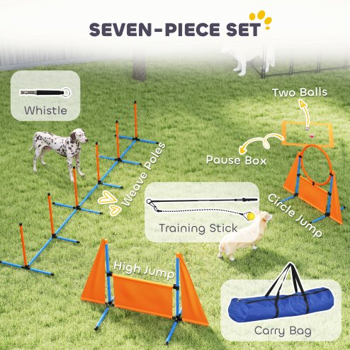 PawHut Dog Agility Equipment, 7-Piece Pet Agility Training Set with Weave Poles, Jump Ring, Hurdle, Pause Box, Bag, Obstacle Training Course Kit, Orange