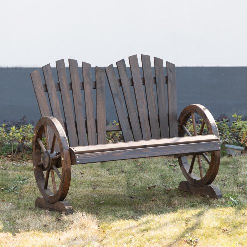 Outsunny 2 Seater Garden Bench, Comfortable Fir Wood Love Chair with Wagon Wheel-Shaped Armrests, Outdoor Adirondack Wooden Loveseats, Carbonized Colour