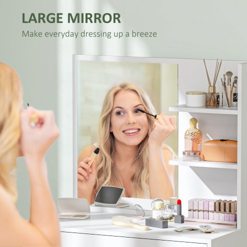 HOMCOM Dressing Table with Mirror, Modern Vanity Desk with Drawer and 3 Open Shelves, Makeup Desk for Bedroom, White