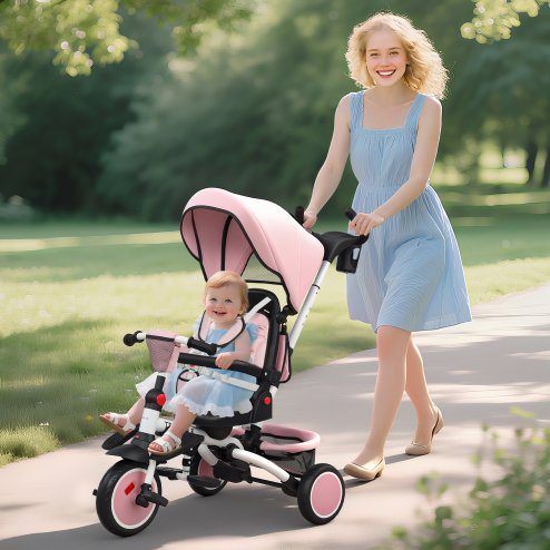 AIYAPLAY Kids Trike, 6 in 1 Toddler Tricycle with Adjustable Parent Handle & Canopy, Convertible Seat, for Ages 1-5 Years, Foldable Baby Trike with Safety Harness, Storage Basket & Bag, Pink