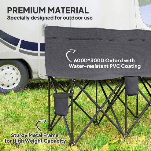 Outsunny 6 Seater Folding Bench, Outdoor Camping Chair Portable Sports Spectator Chair with Metal Frame, Cup Holder & Carry Bag, Charcoal Grey