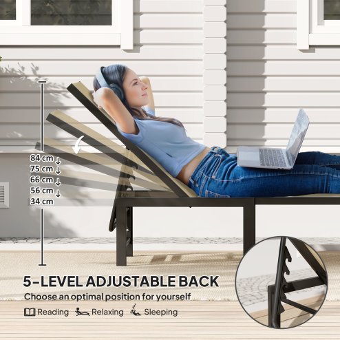 Outsunny Sun Lounger for Garden, 5-Level Adjustable Reclining Sun Lounger Chair, Flat Garden Lounger Sunbed with Texteline Seat, Steel Frame for Patio, Beach, Khaki