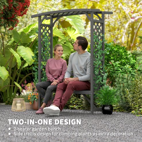 Outsunny Garden Bench, Arch Pergola with Natural Wooden Garden Arbour with Seat for Vines/Climbing Plants for Outdoor Space, Grey