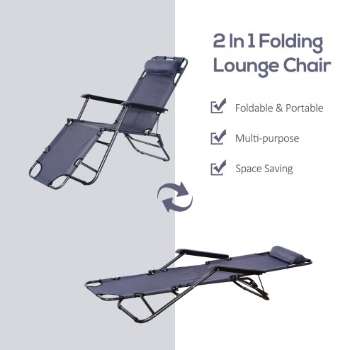 Outsunny 2 in 1 Folding Sun Lounger Reclining Garden Chair with 2-Level Adjustable Backrest, Outdoor Zero Gravity Recliner Garden Chair with Head Pillow and Armrests, Grey