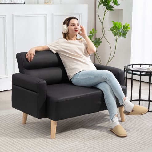 HOMCOM 2 Seater Sofa, Modern Faux Leather Couch Settee, Upholstered Small Sofa Loveseat with Wood Legs, Side Pocket for Living Room, Bedroom, Office, Black
