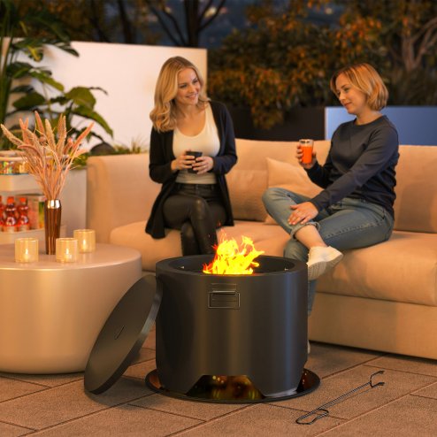 Outsunny Outdoor Round Fire Pit with Lid, Wood Burning Firepit with Fire Poker and Floor Mat for Patio Bonfire BBQ Camping, Black