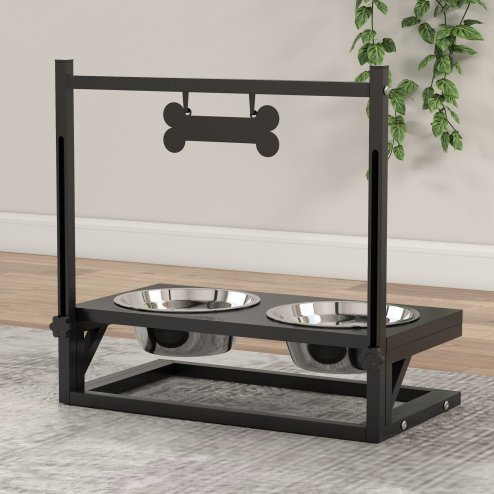 PawHut Raised Dog Bowl, Elevated Dog Bowl with Adjustable Height Stand, 2 Stainless Steel Bowls, for Small Medium Large Dogs - Black