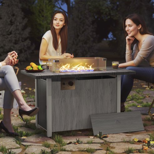 Outsunny Propane Gas Fire Pit Table for Garden, 50000 BTU Smokeless Firepit Outdoor Heater with Waterproof Cover, Glass Screen, Glass Beads and Lid, Wood Effect, 109 x 56 x 63cm, Dark Grey