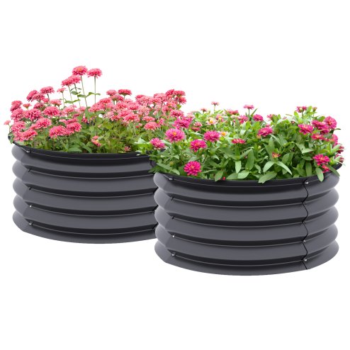 Outsunny Steel Raised Beds for Garden Set of 2, Outdoor Elevated Planter Box with Safety Edging, Easy-to-assemble Stock Tank for Growing Flowers, Herbs and Vegetables, Dark Grey