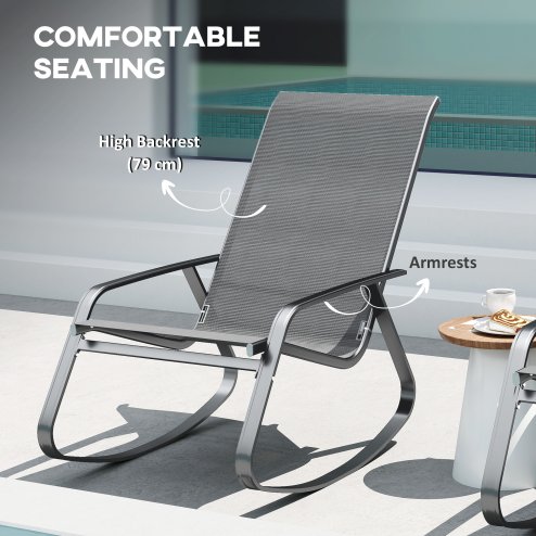 Outsunny Garden Rocking Chair, Ergonomic Outdoor Rocking Chair with Armrests, High Backrest, Steel Frame Relaxing Rocker Armchair Seat for Patio, Balcony, Porch, Grey