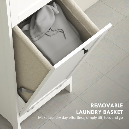 HOMCOM Tall Bathroom Cabinet with Removable Laundry Basket, Slim Bathroom Storage Unit with Tilt-Out Laundry Cabinet, 2 Open Shelves and Drawer, 40 x 30 x 165 cm, White
