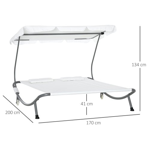 Outsunny Double Sun Lounger with Adjustable Detachable Canopy, Portable Garden Daybed for 2 with Wheels, Outdoor Sunbed Hammock with 2 Pillows, 220 KG Max. Load, White