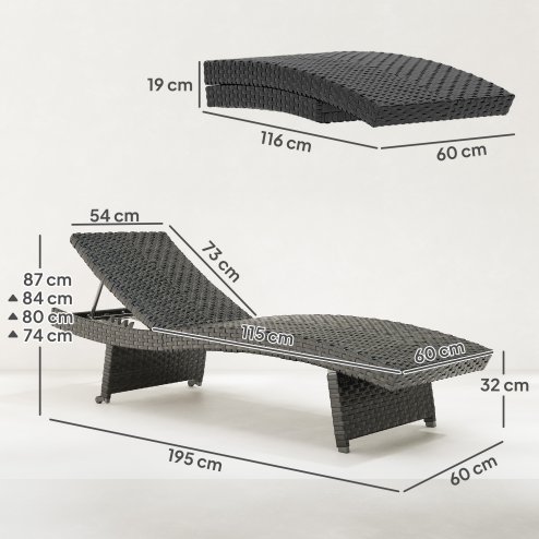 Outsunny Outdoor PE Rattan Sun Lounger, Folding Wicker Garden Lounger Recliner with 4-Level Adjustable Backrest, Rolling Sunbed Lounge Chair with Wheels, Non-Slip Legs for Balcony, Beach, Black