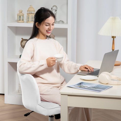 HOMCOM Computer Desk Chair, Armless Makeup Vanity Chair with Shell Back, Bow Pillow, Height Adjustable, Swivel Wheels for Home, Bedroom, White