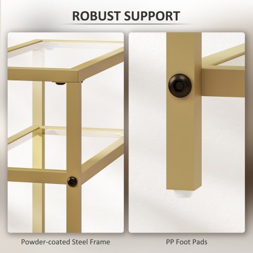 HOMCOM 3-Tier Side Table, Narrow End Table with Storage Shelf and Tempered Glass Tabletop for Small Spaces, Bedroom, Living Room, Entryway, Gold Tone
