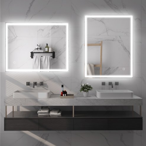 HOMCOM Bathroom Mirror with LED Lights, Illuminated Makeup Mirror with 3 Colours, Defogging Film and Memory Function, Hardwired, Horizontal or Vertical, 90 x 70cm