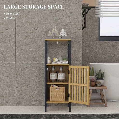 HOMCOM Slim Bathroom Storage Cabinet, Small Bamboo Bathroom Cabinet with Open Compartment and Adjustable Shelf