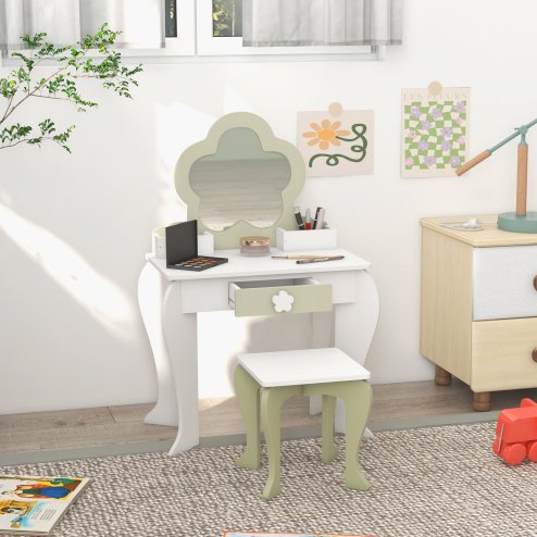 ZONEKIZ Dressing Table with Mirror and Stool, Kids Vanity Table with Drawer, Storage Boxes, Beauty Flower Design Girls Dressing Table for Ages 3-6 Years - White