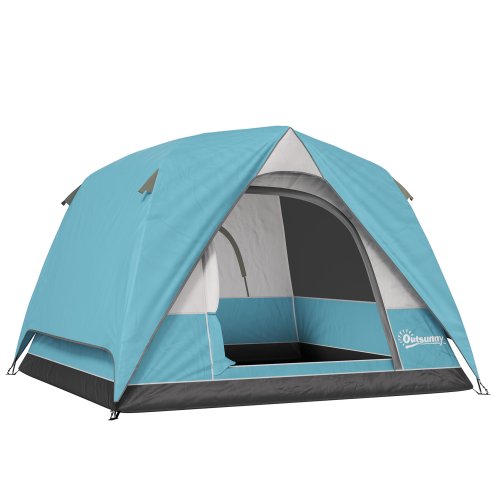Outsunny 3-4 Person Camping Tent, Easy Set Up Waterproof Dome Tent with Sewn-in Groundsheet, Mesh Windows, Pocket and Hook for Camping, Hiking, Backpacking, Navy Blue and Light Blue
