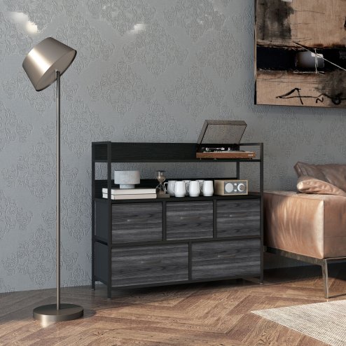 HOMCOM Bedroom Chest of Drawers, Fabric Dresser with 5 Drawers, Storage Organiser Unit with Open Shelves and Metal Frame for Living Room, Entryway