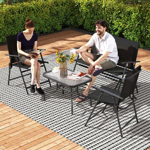 Outsunny Outdoor 4 Pieces Patio Furniture Set with Breathable Mesh Fabric Seat & Backrest, Garden Set with Two Foldable Armchairs, a Loveseat & Glass Top Table, Black