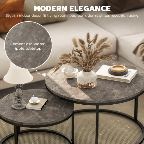 HOMCOM Round Nesting Coffee Table Set of 2, Large Stacking End Side Table with Steel Frame for Living Room, Bedroom, Home Office, 78.5 x 78.5 x 46.5 cm, Marble Dark Grey